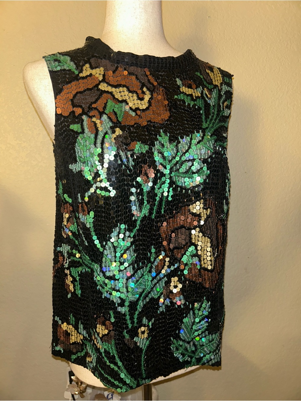 100% Silk Sequin Beaded Floral Shell Top in Black with Green & Brown Accents